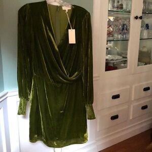 Olive Green Velvet Long Sleeve Wrap Dress